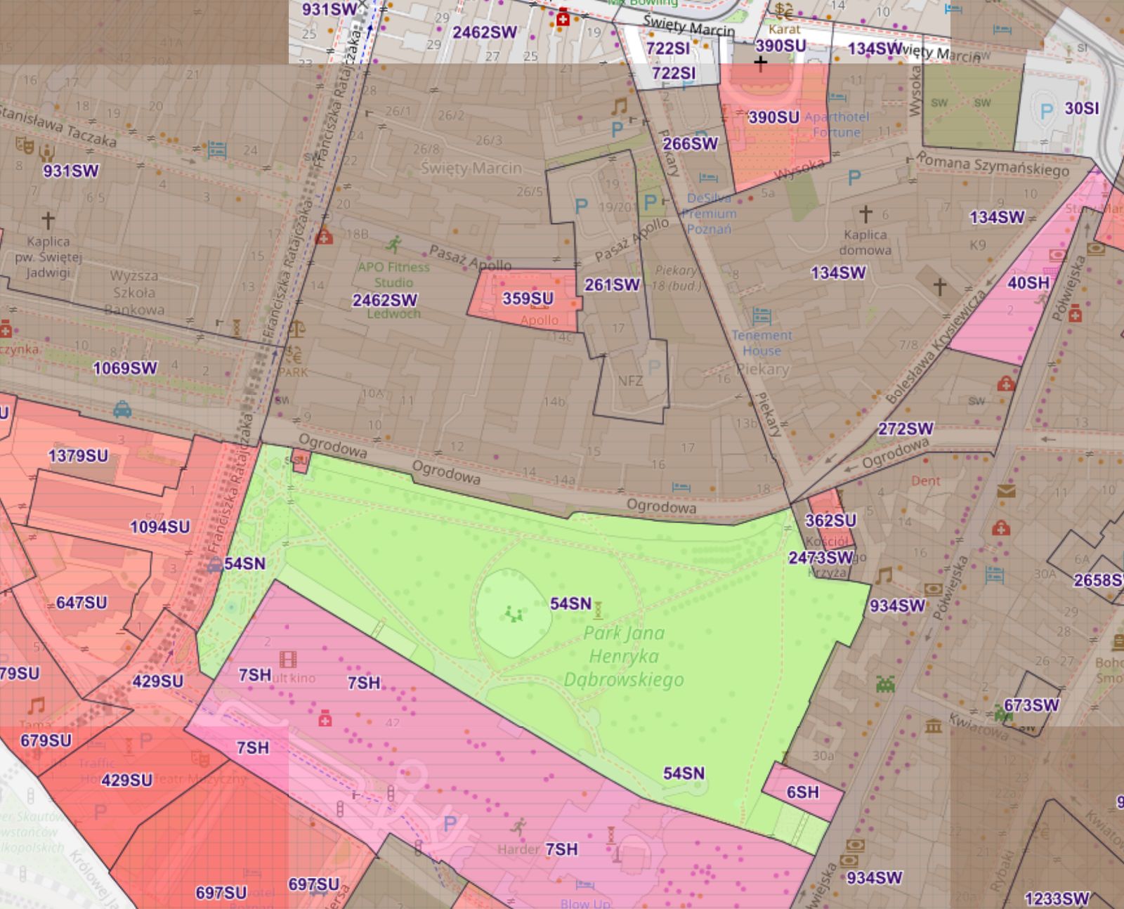 Mapa stref planistycznych planu ogólnego w centrum Poznania – strefy SW, SU, SN i SH oznaczone symbolami