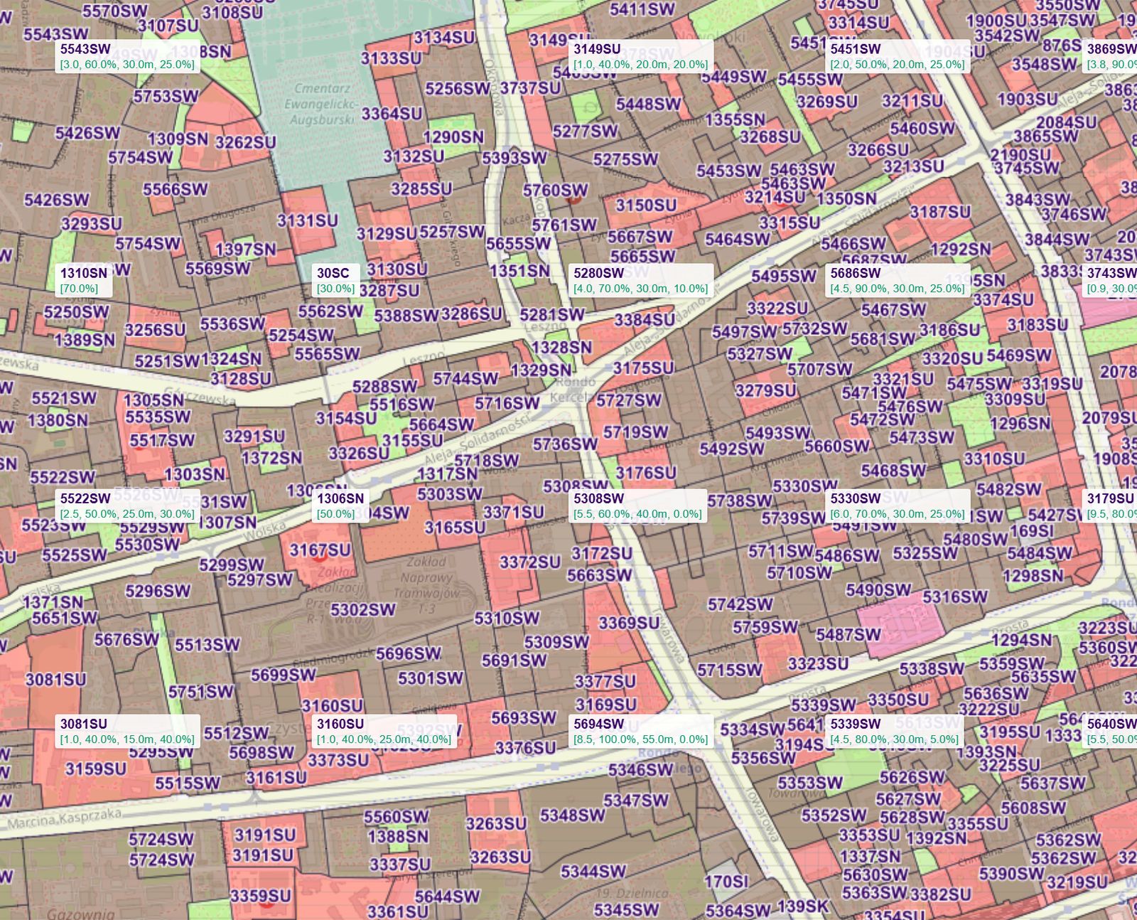 Warstwa Plan ogólny w devcheck nad Wolą w Warszawie – strefy SW, SU i SN z projektu planu ogólnego, przy części stref parametry zabudowy