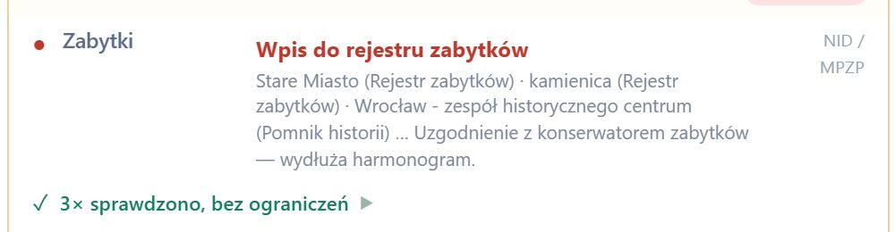Karta ryzyk devcheck dla działki na Starym Mieście we Wrocławiu: Zabytki – wpis do rejestru zabytków, Stare Miasto, kamienica, zespół historycznego centrum