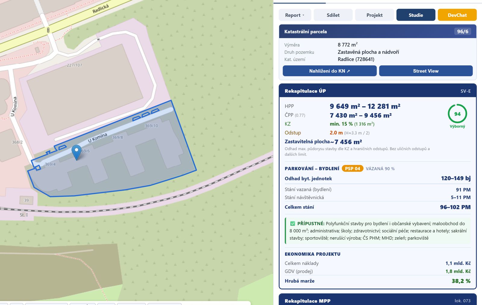 Výpočet HPP v devcheck – parcela 8 772 m² v Radlicích s KPP 1,10 dává hrubou podlažní plochu 9 649 m²