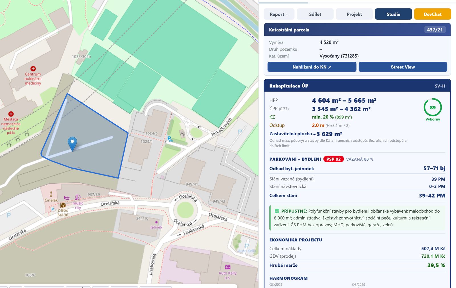 Panel devcheck s hodnotami KPP 2,20 a KPPp 2,60 pro parcelu 437/21 ve Vysočanech a vypočítaným HPP 3 445 m²