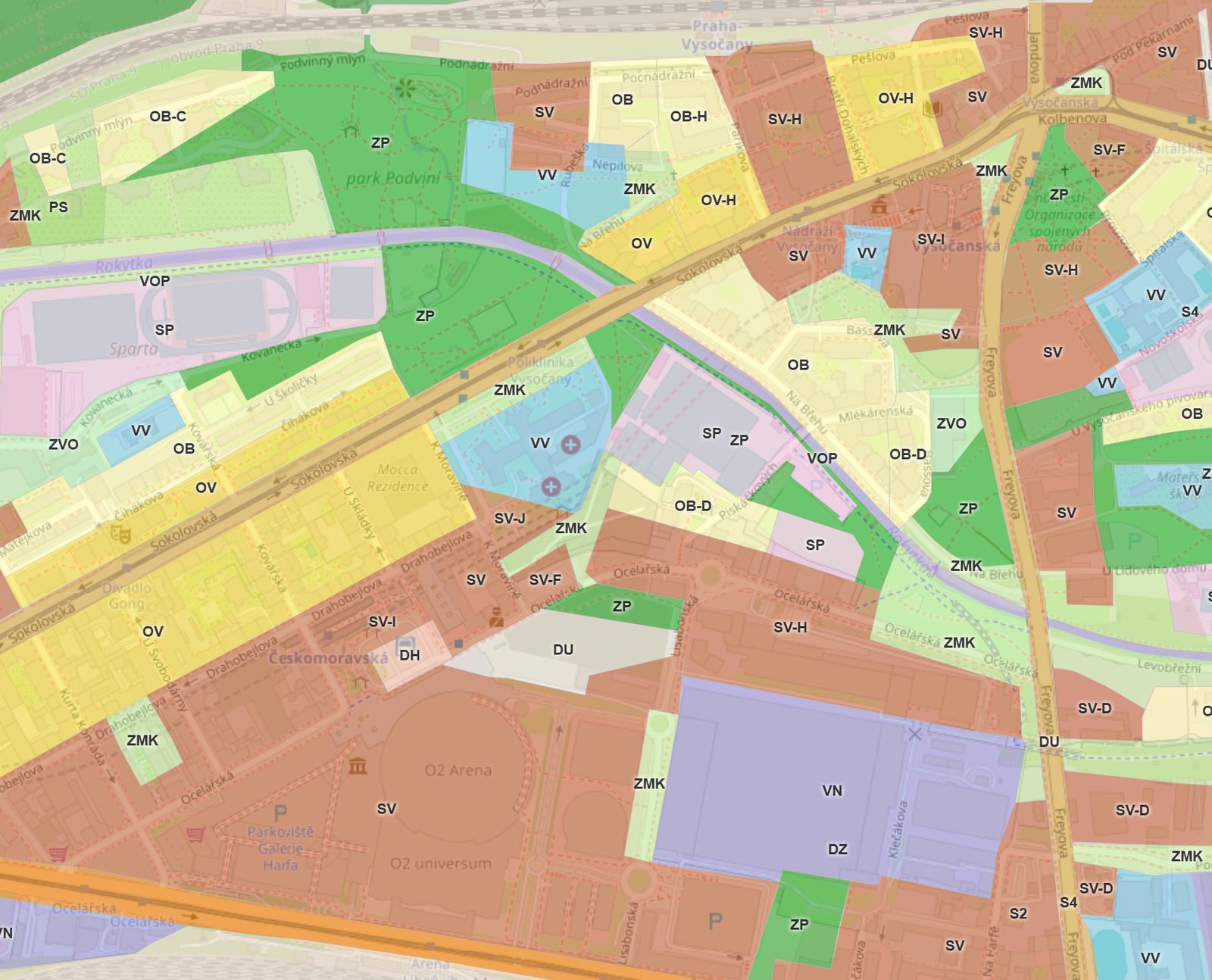Mapa funkčních ploch územního plánu Prahy ve Vysočanech – plochy SV-H, OB-C, ZMK a další, každá s vlastní hodnotou KPP